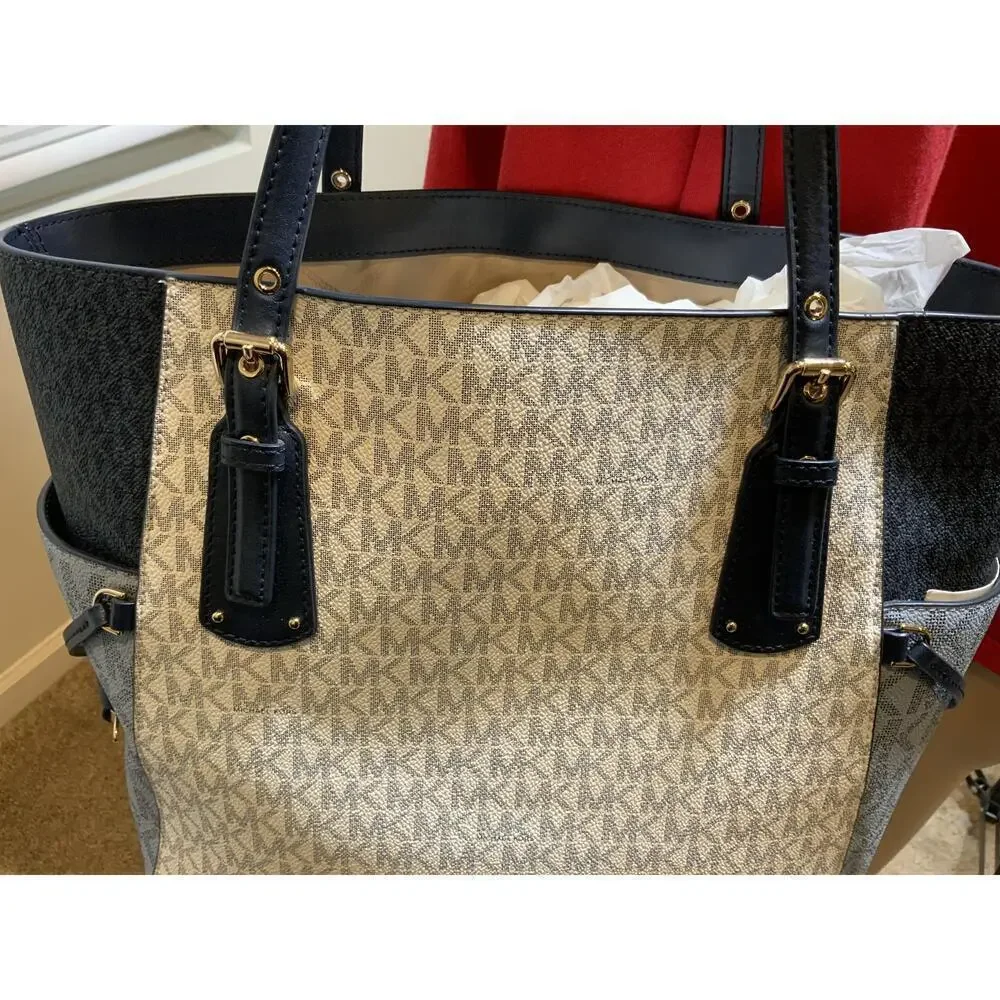 Michael Kors Blue Leather Logo Print Tote Handbag Dual Handles Sz 11x11 Luxe Bag - Picture 3 of 14